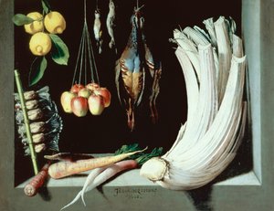 Nature morte avec oiseaux morts, fruits et légumes, 1602